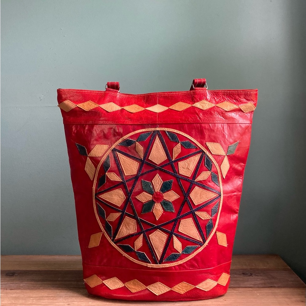 Vintage Tribal Geometric Print Leather Tote Bag - Picture 5 of 8